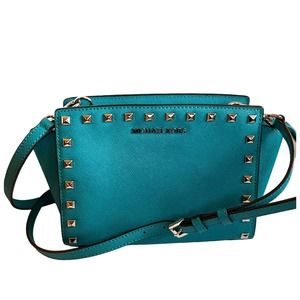 Michael Kors Selma Stud Medium Saffiano Leather Messenger Teal Blue EUC